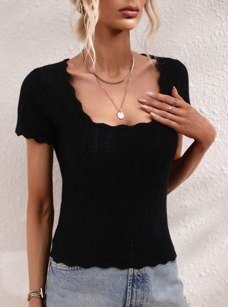 Pointelle Knit Square Neck Scallop Hem Top - Black - 1