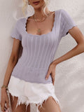 Pointelle Knit Square Neck Scallop Hem Top - Purple