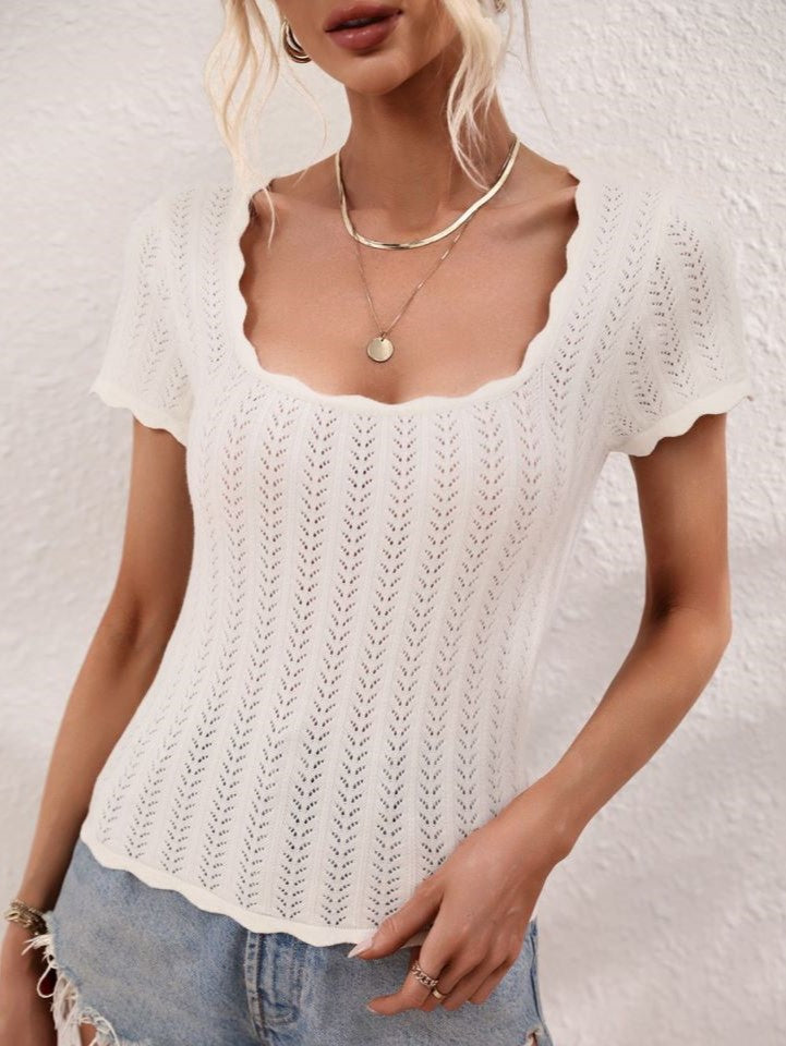Pointelle Knit Square Neck Scallop Hem Top - White