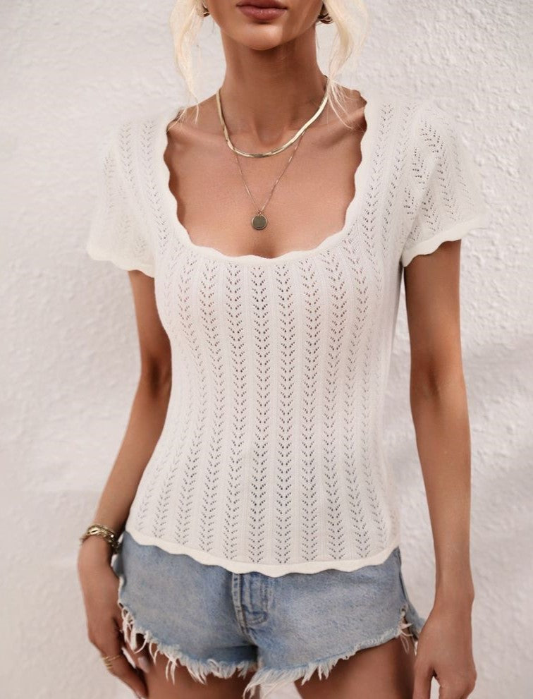 Pointelle Knit Square Neck Scallop Hem Top - White - 1