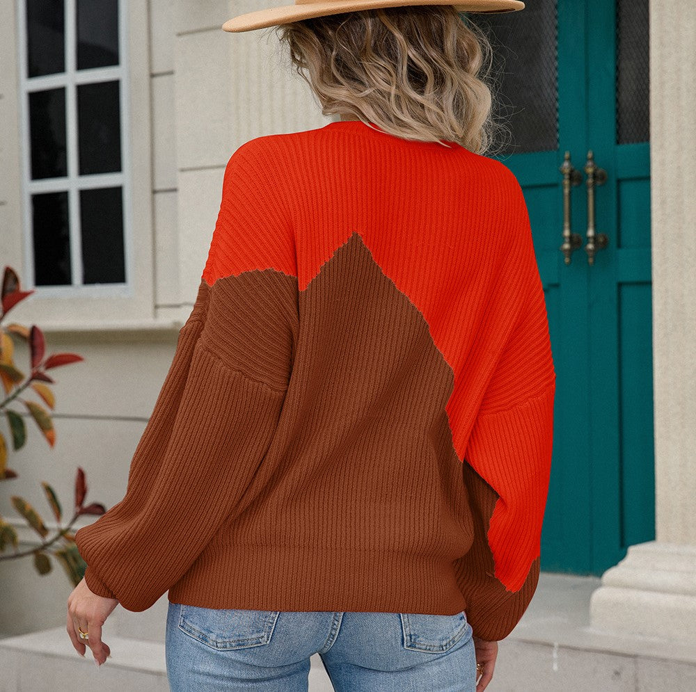 Diagonal Colorblock Batwing Ribbed Sweater - Brown - 3
