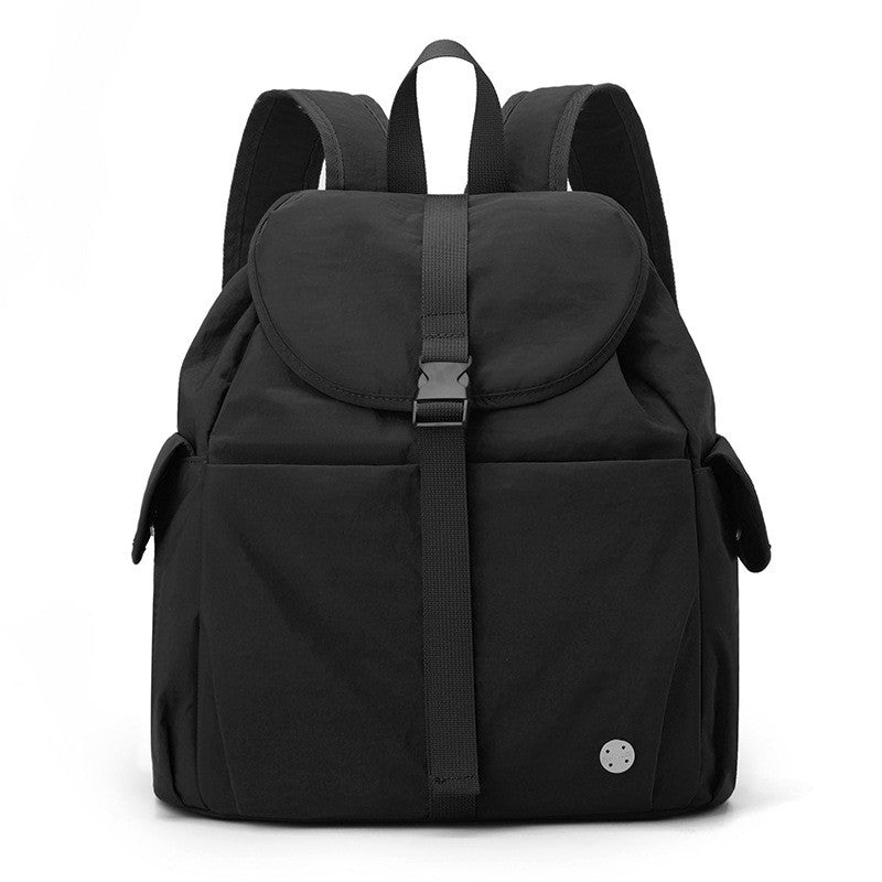 Drawstring Flap Nylon Backpack with Buckle - Black