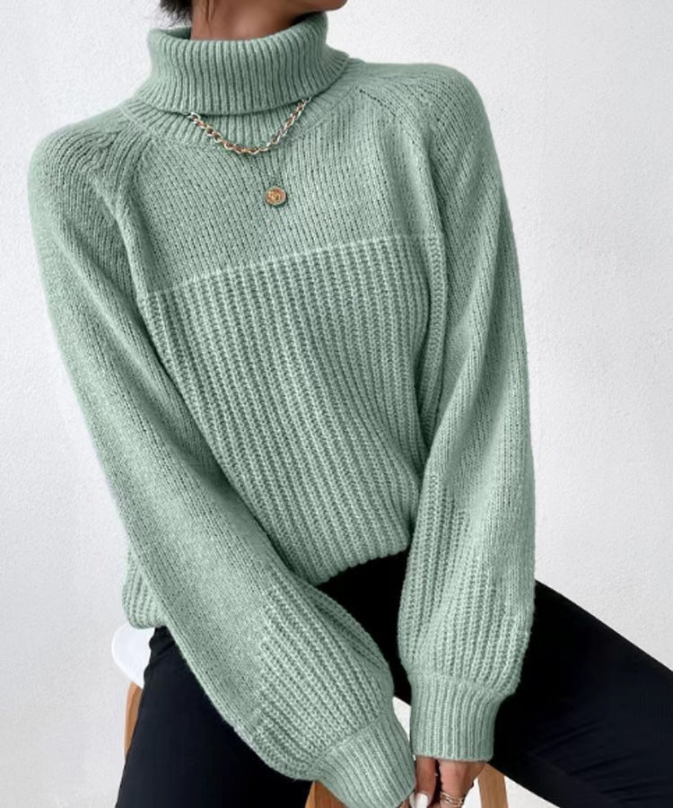 Turtleneck Raglan Balloon Sleeve Ribbed Sweater - Bean green
