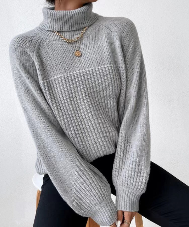 Turtleneck Raglan Balloon Sleeve Ribbed Sweater - Grey