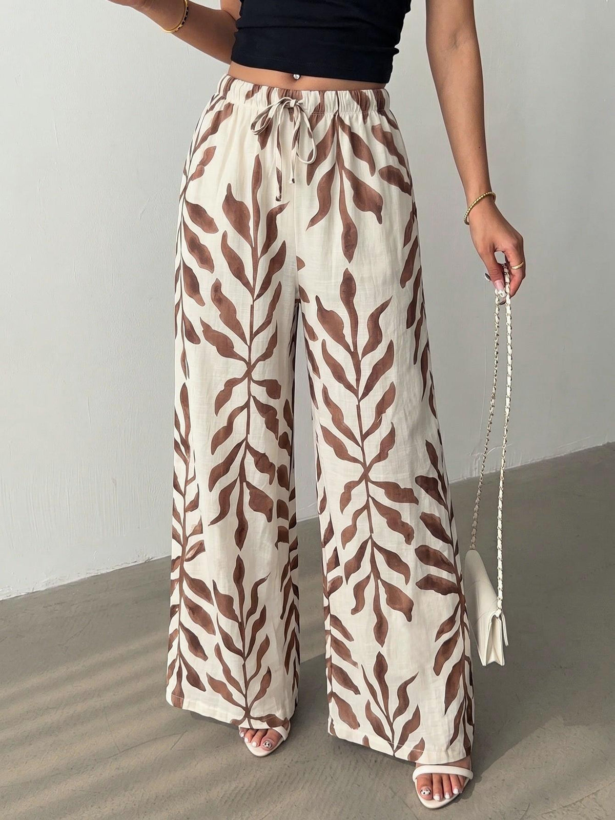 Abstract Print Drawstring Waist Flowy Wide Leg Pants - Brown