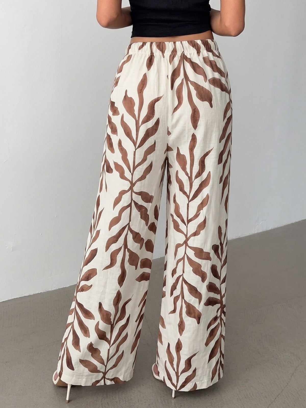 Abstract Print Drawstring Waist Flowy Wide Leg Pants - Brown - 1