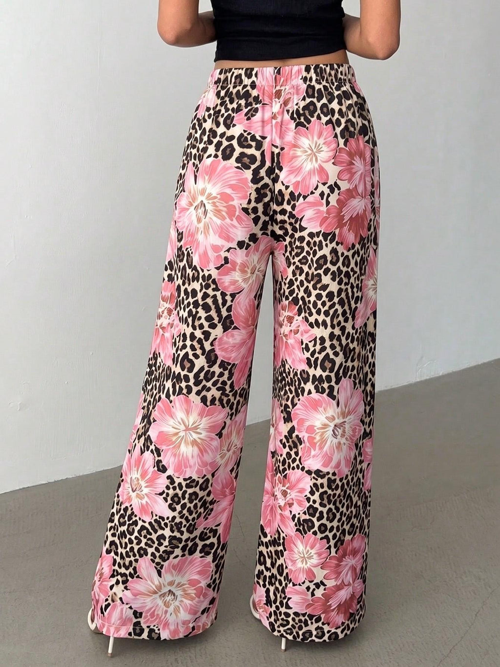 Abstract Print Drawstring Waist Flowy Wide Leg Pants - Leopard - 1