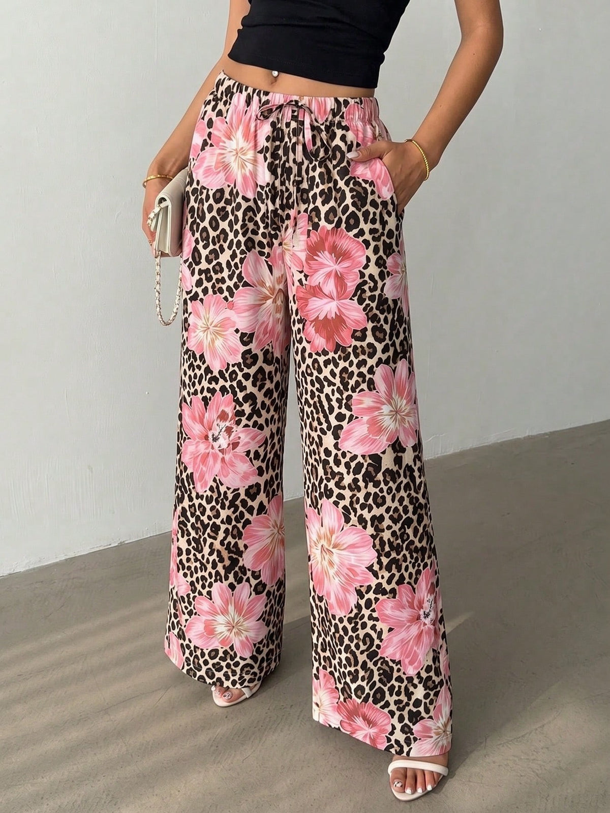 Abstract Print Drawstring Waist Flowy Wide Leg Pants - Leopard - 2
