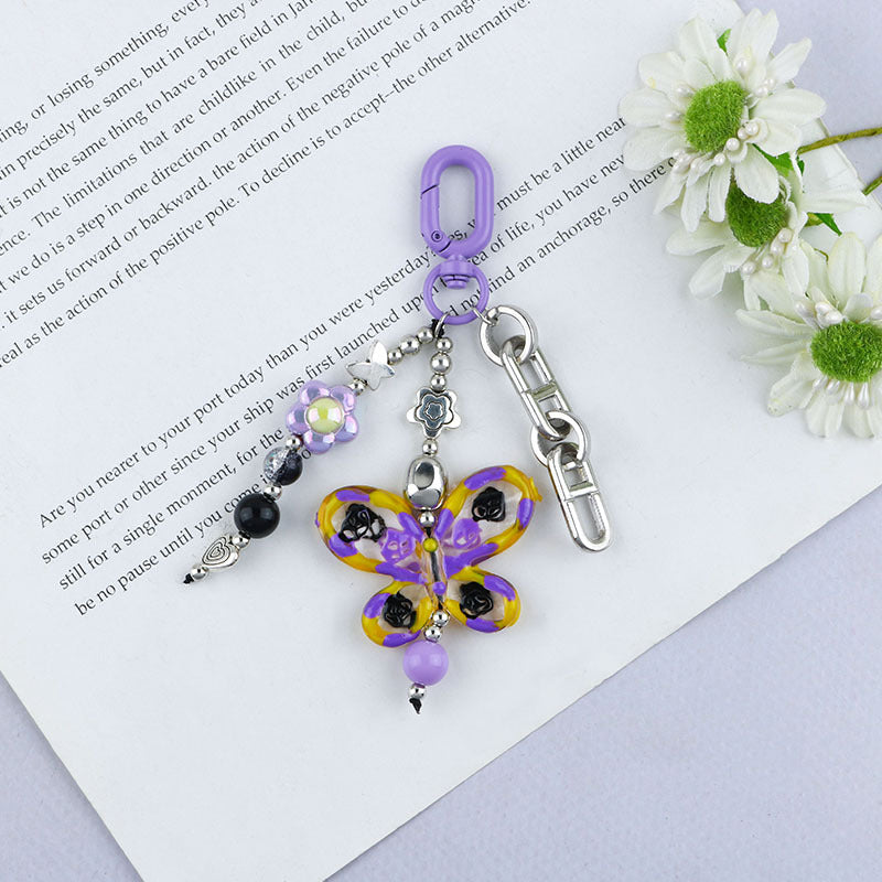 Beaded Butterfly Flower Charm Keychain - C2