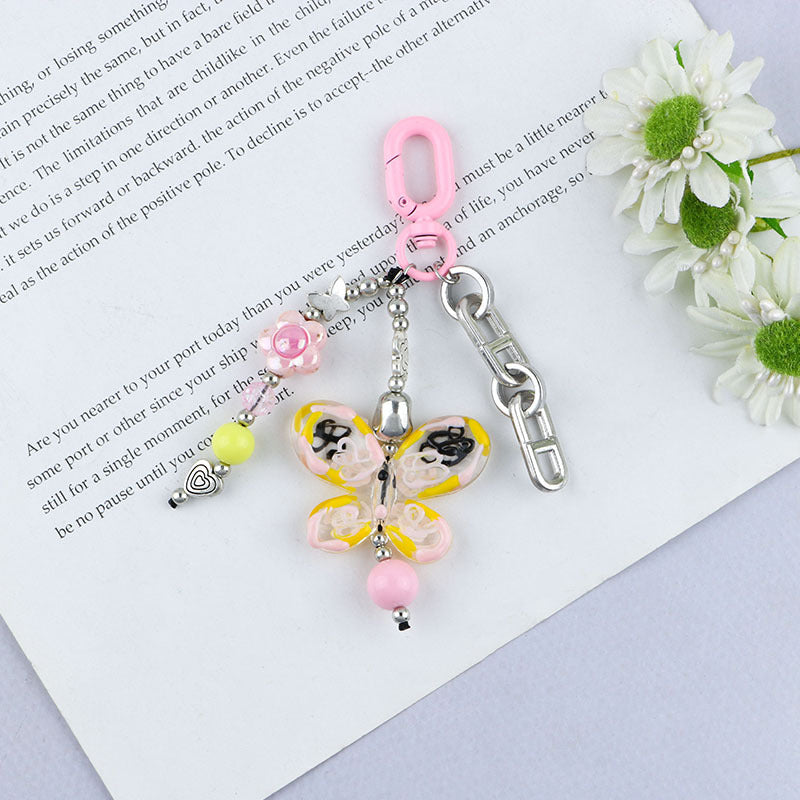 Beaded Butterfly Flower Charm Keychain - C4