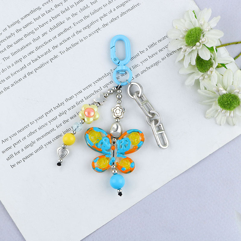 Beaded Butterfly Flower Charm Keychain - C5