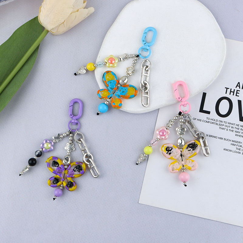 Beaded Butterfly Flower Charm Keychain