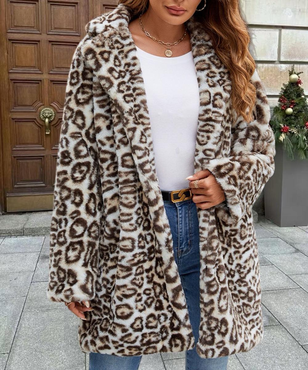 Longline Leopard Faux Fur Lapel Coat - Leopard