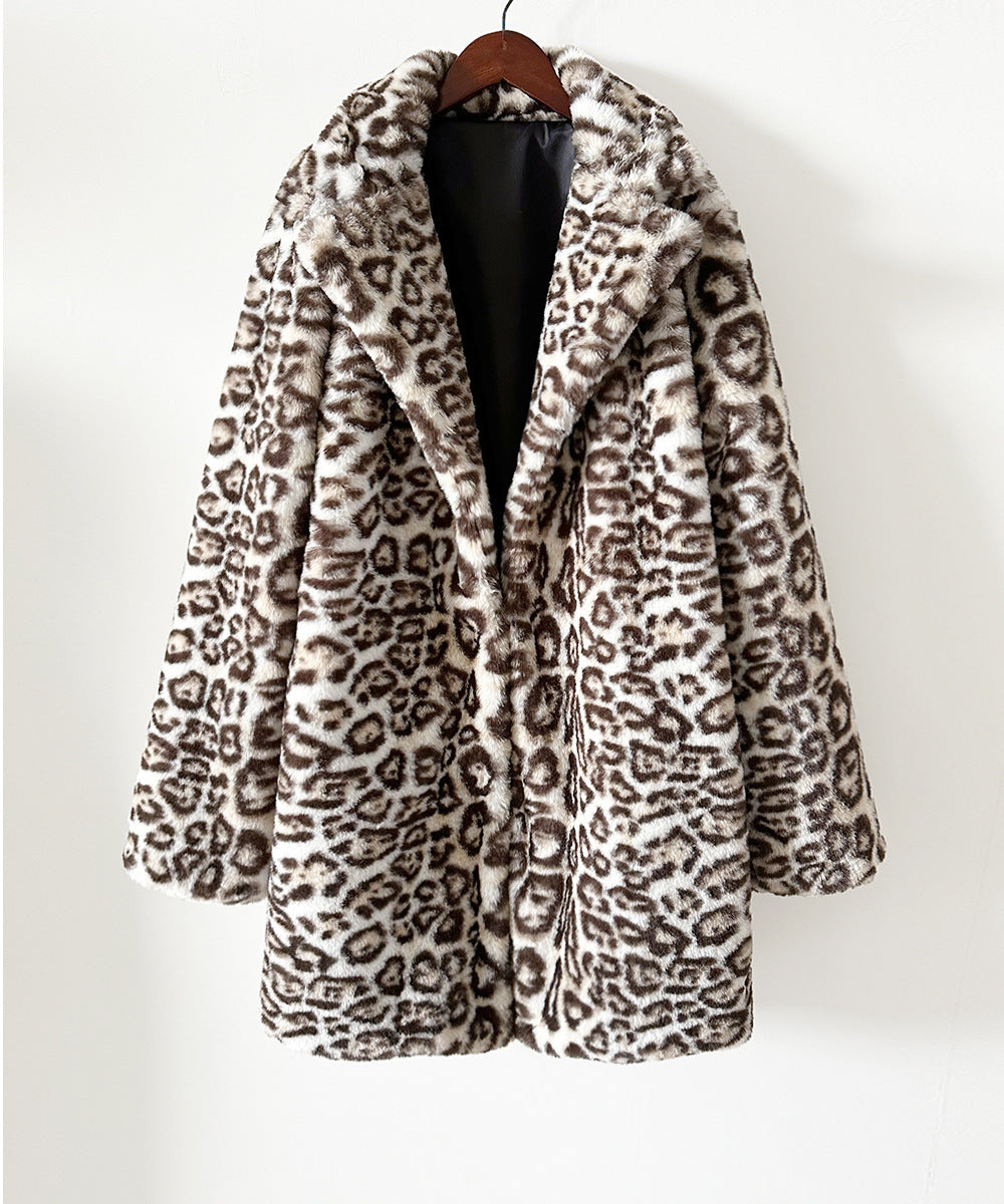 Longline Leopard Faux Fur Lapel Coat - Leopard - 1