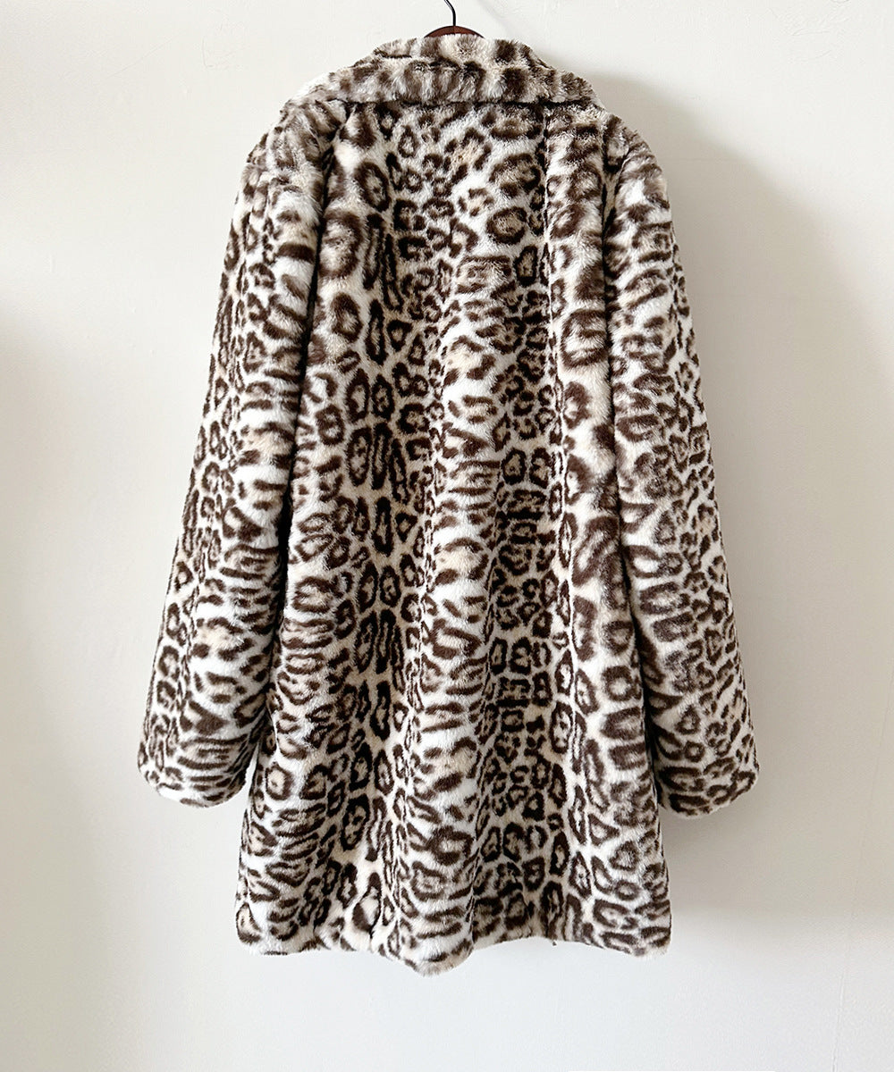 Longline Leopard Faux Fur Lapel Coat - Leopard - 2