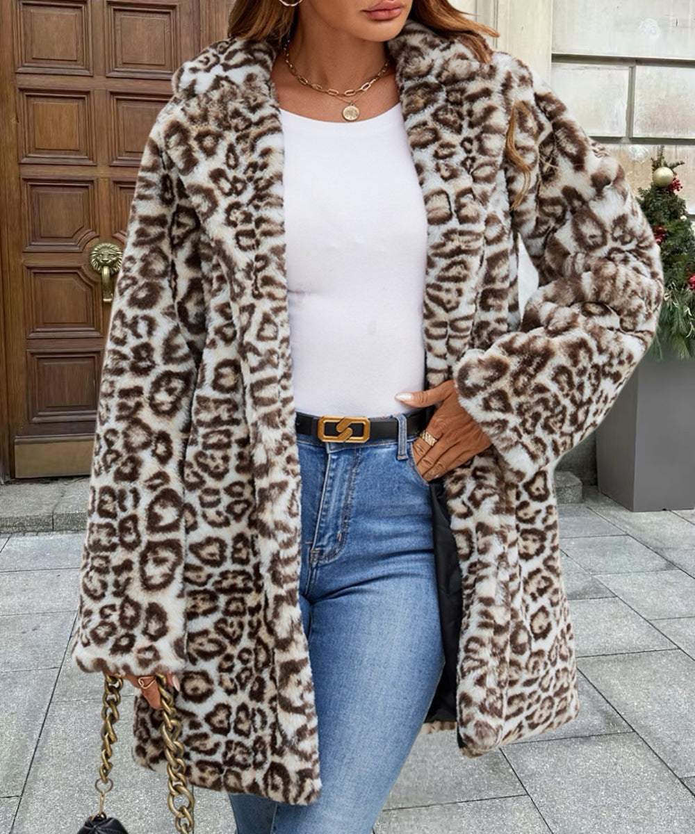 Longline Leopard Faux Fur Lapel Coat - Leopard - 4
