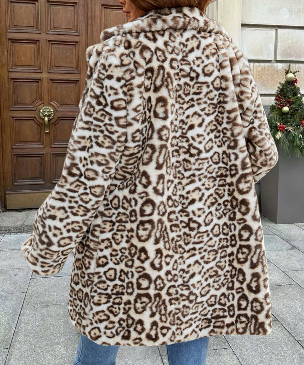 Longline Leopard Faux Fur Lapel Coat - Leopard - 5