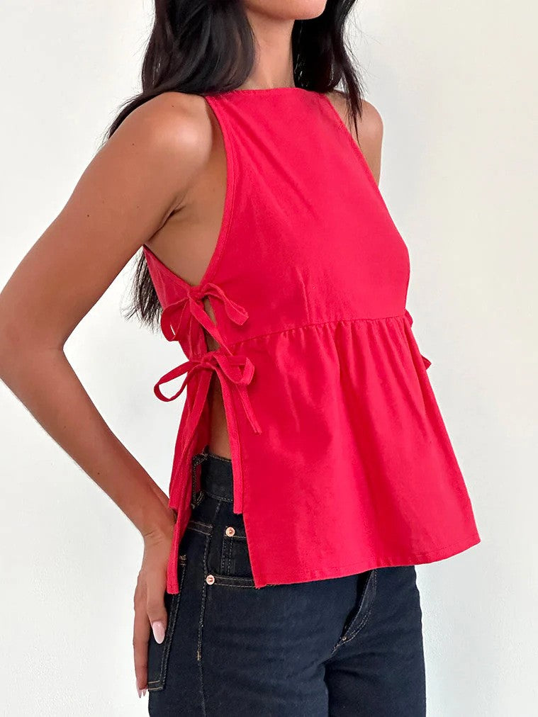 Side Tie Babydoll Peplum Tank Top - Red