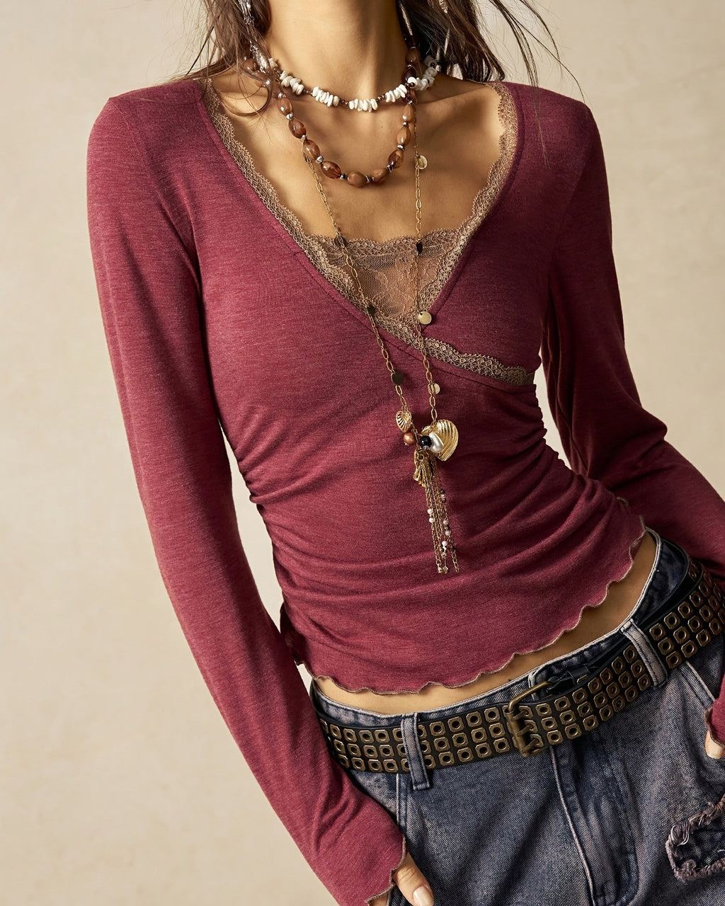 Lace Wrap Long Sleeve T-Shirt With Flared Cuffs - Wine_Red