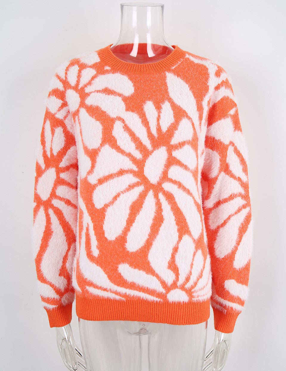 Fuzzy Bloom Jacquard Pullover Sweater - Orange