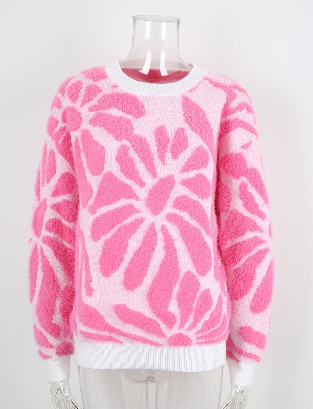 Fuzzy Bloom Jacquard Pullover Sweater - Pink - 1