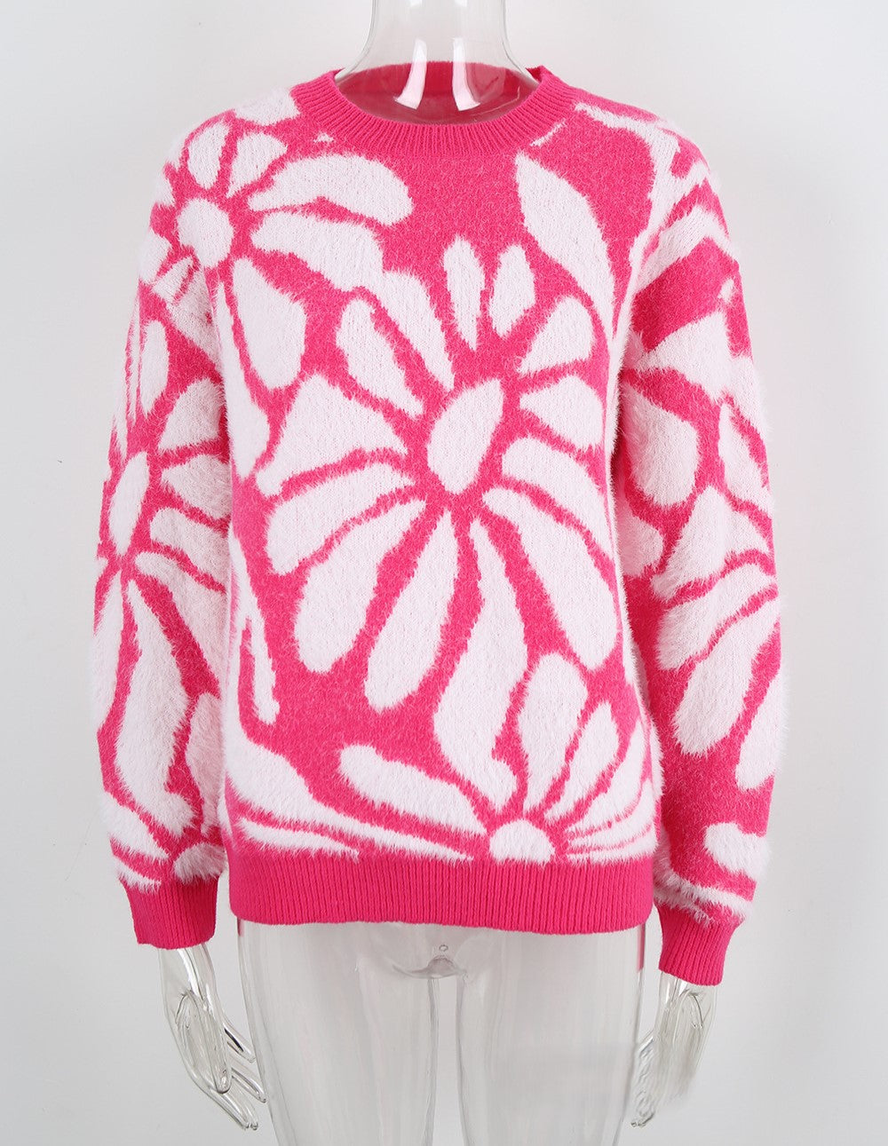 Fuzzy Bloom Jacquard Pullover Sweater - Rosered