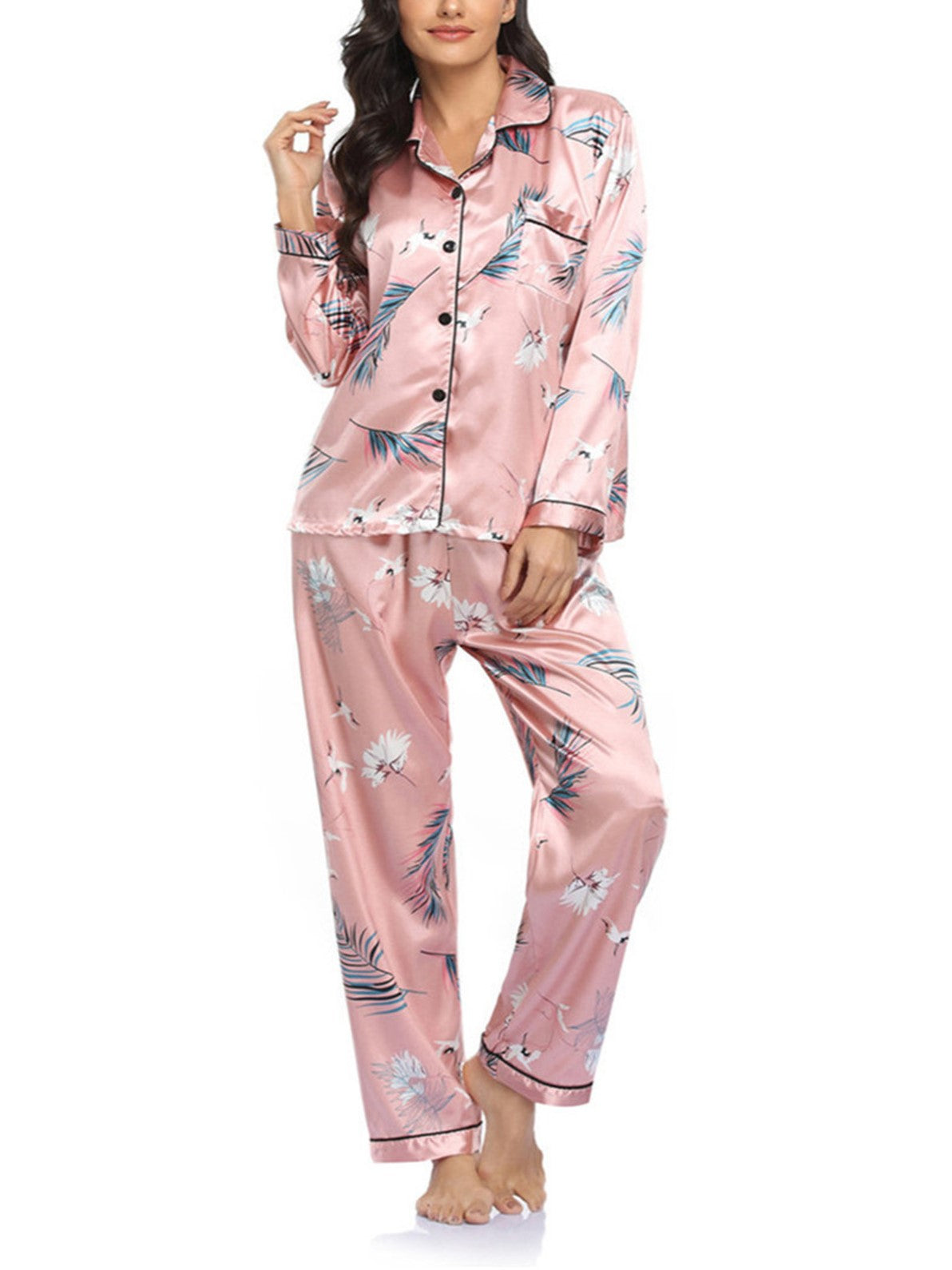 Animal Print Satin Pajama Set - Crane