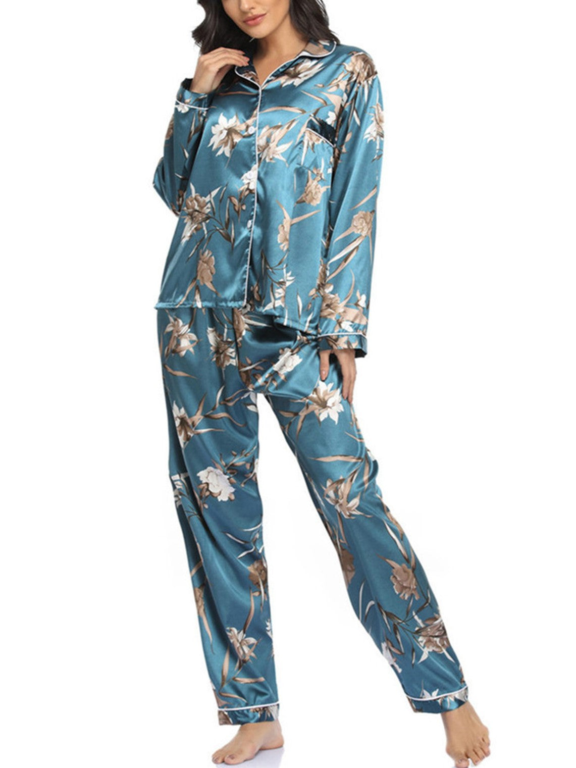 Animal Print Satin Pajama Set - Leaf