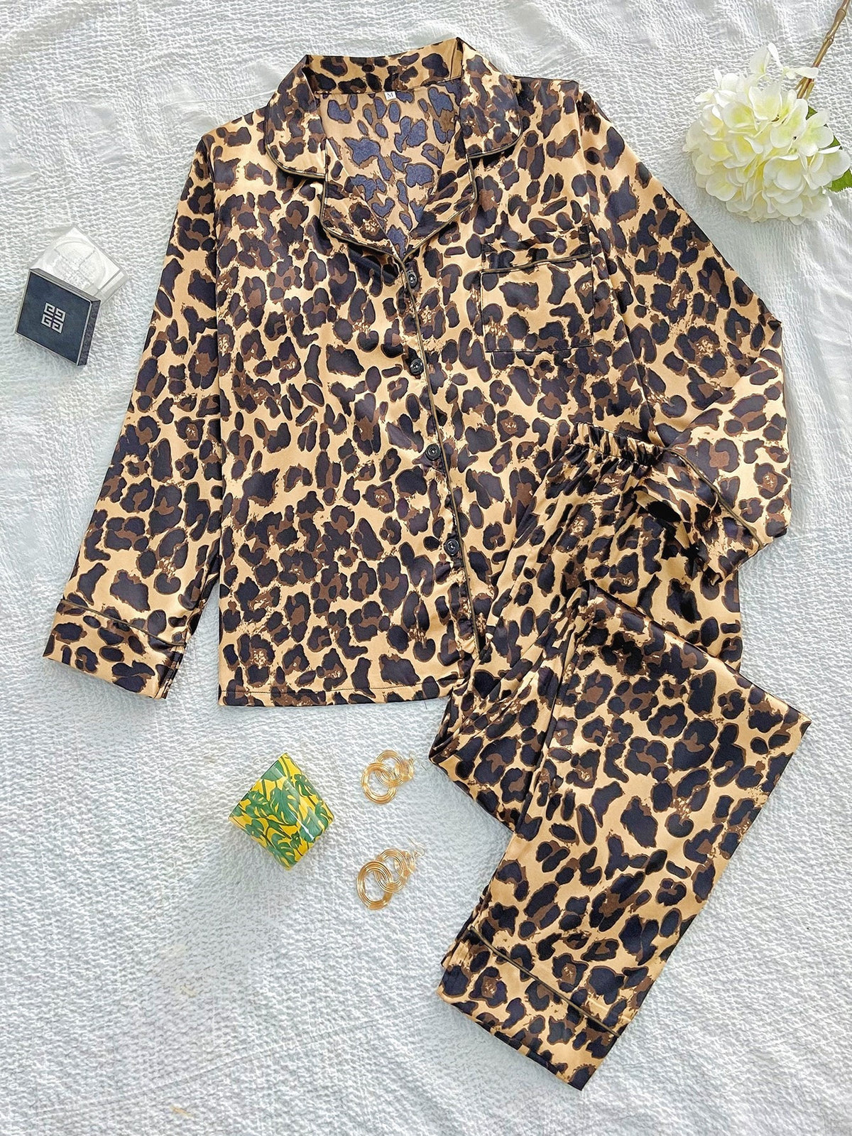 Animal Print Satin Pajama Set - Leopard_A