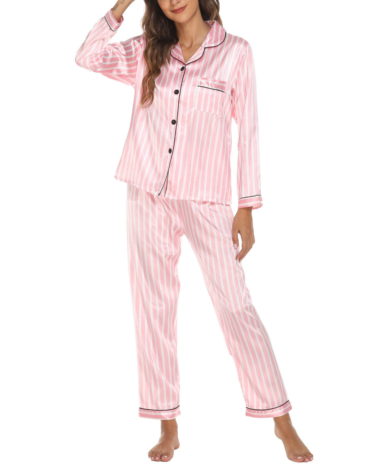 Animal Print Satin Pajama Set - Stripes