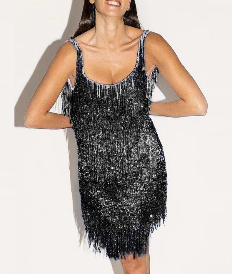 Sparkle Fringe Scoop Back Bodycon Mini Dress - Black