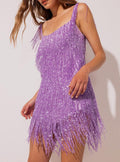 Sparkle Fringe Scoop Back Bodycon Mini Dress - Violet