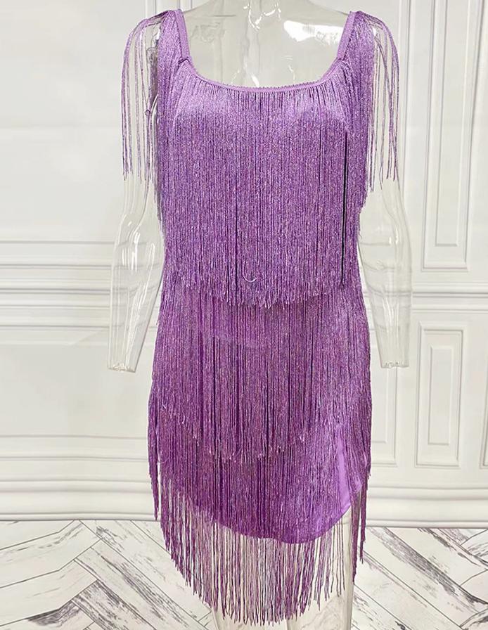 Sparkle Fringe Scoop Back Bodycon Mini Dress - Violet - 1