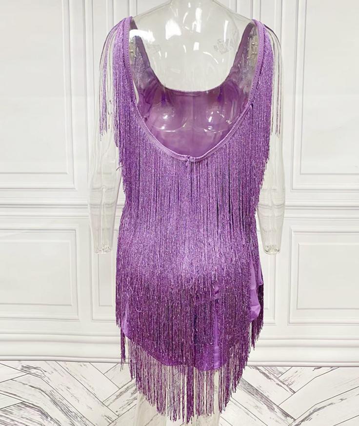 Sparkle Fringe Scoop Back Bodycon Mini Dress - Violet - 2