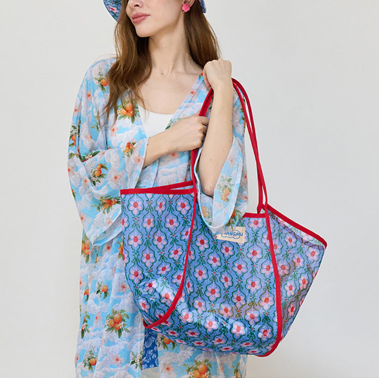 Openwork Mesh Summer Beach Shoulder Tote - Red