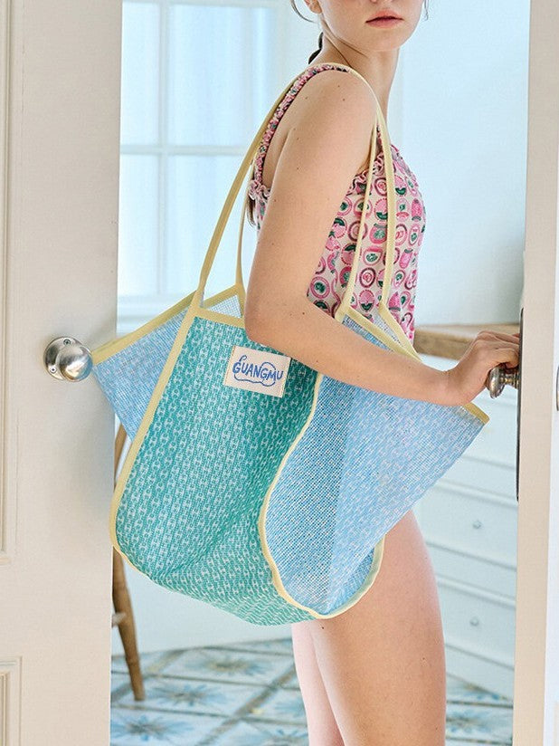 Openwork Mesh Summer Beach Shoulder Tote - Yellow