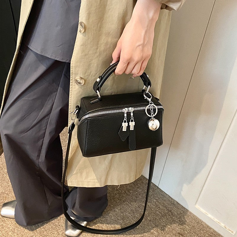 Pebbled Mini Boston Bag with Ball Charm - Black