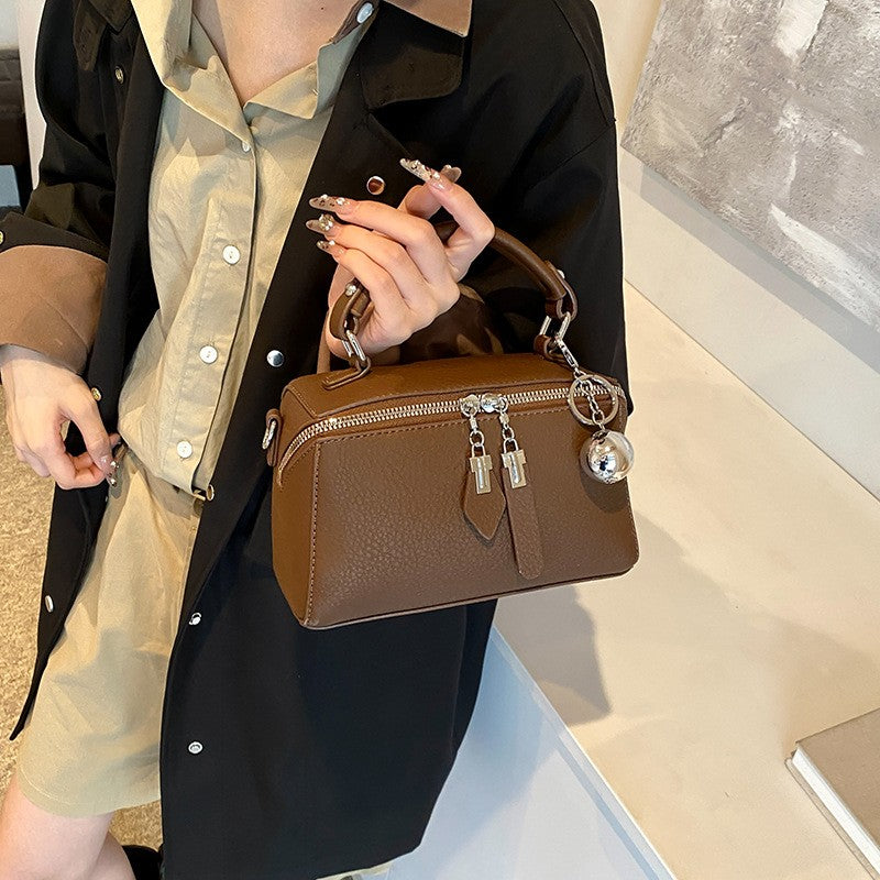 Pebbled Mini Boston Bag with Ball Charm - Caramel