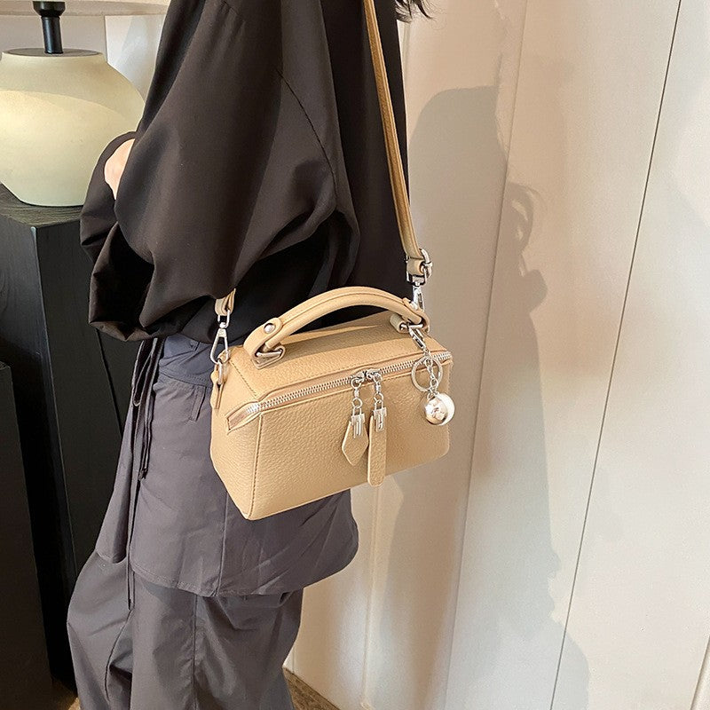 Pebbled Mini Boston Bag with Ball Charm - Khaki
