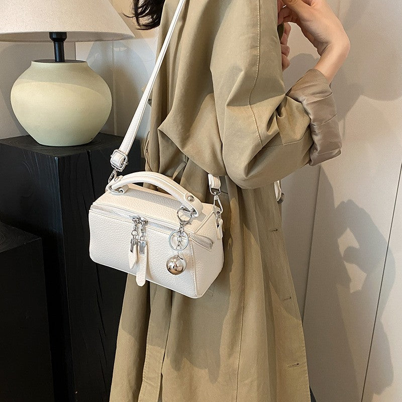 Pebbled Mini Boston Bag with Ball Charm - Off White