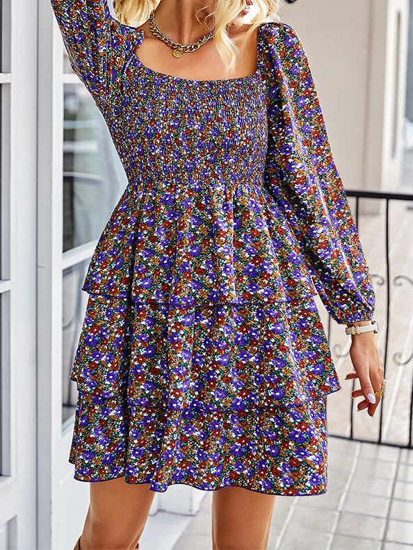 Smocked Square Neck Tiered Floral Mini Dress - Purple