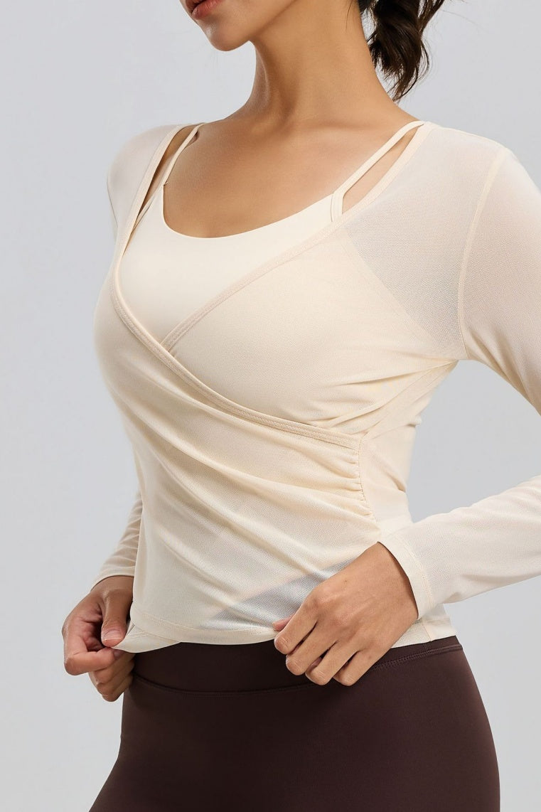 Layered Athletic Top with Sheer Mesh and Padded Cami - Beige