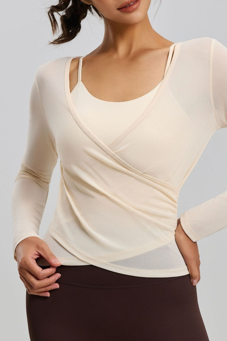 Layered Athletic Top with Sheer Mesh and Padded Cami - Beige - 1