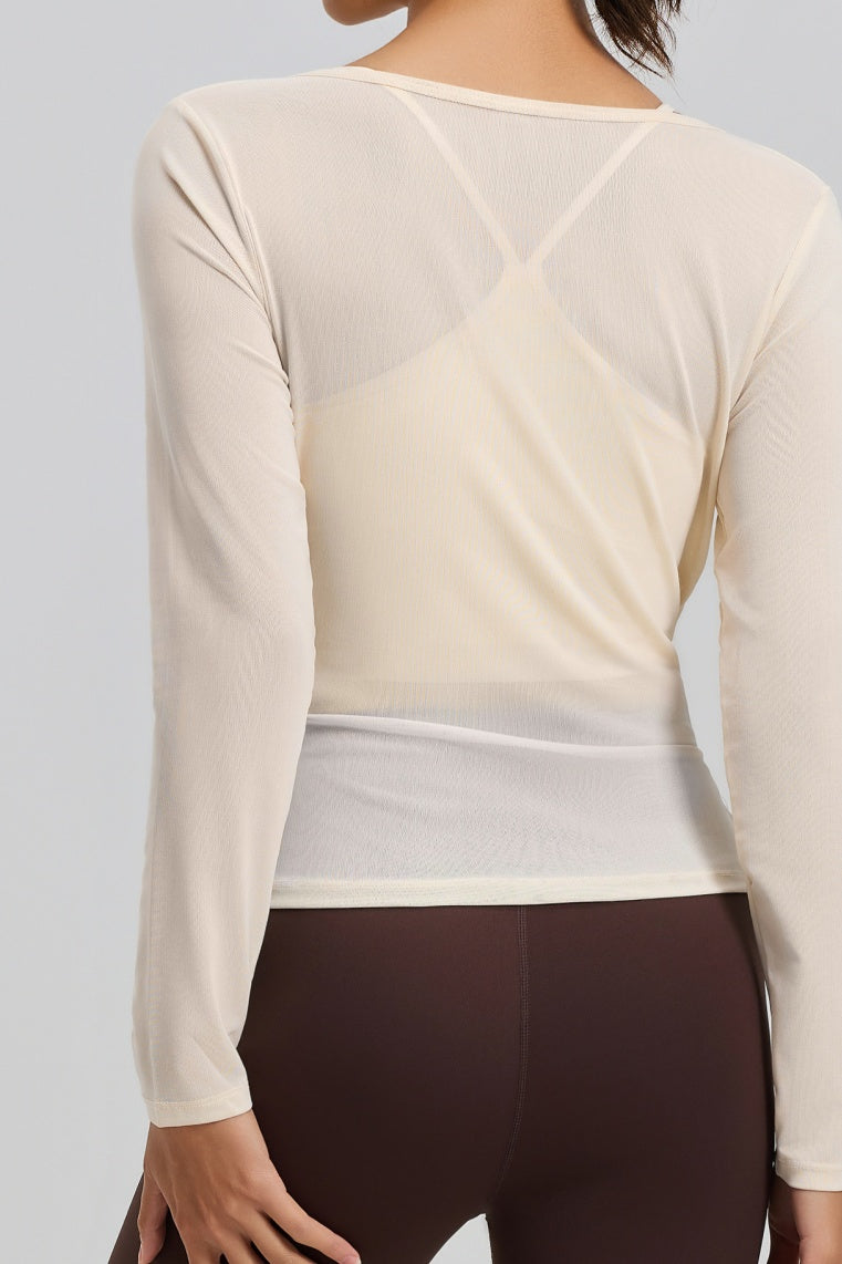 Layered Athletic Top with Sheer Mesh and Padded Cami - Beige - 2