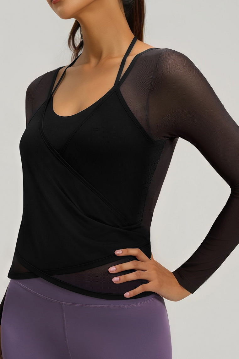 Layered Athletic Top with Sheer Mesh and Padded Cami - Black - 1