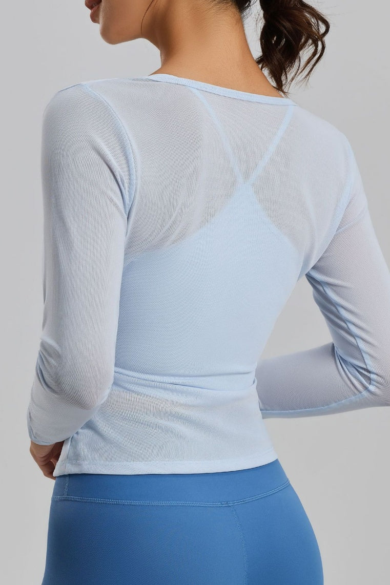 Layered Athletic Top with Sheer Mesh and Padded Cami - Blue - 1