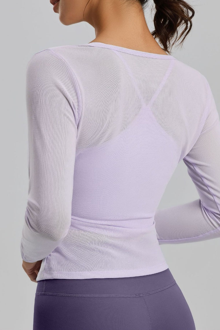 Layered Athletic Top with Sheer Mesh and Padded Cami - Purple - 2