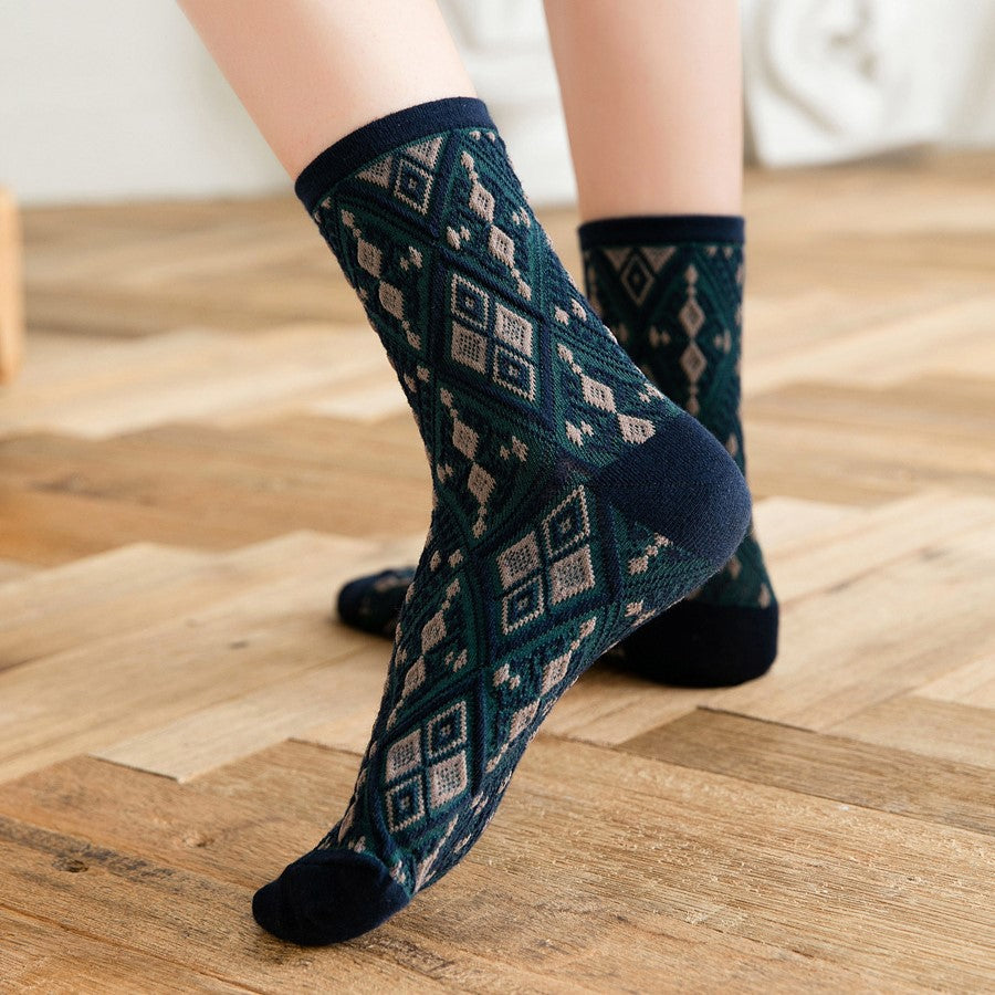 Diamond Argyle Jacquard Crew Socks - NavyBlue