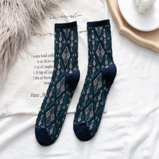 Diamond Argyle Jacquard Crew Socks - NavyBlue - 1