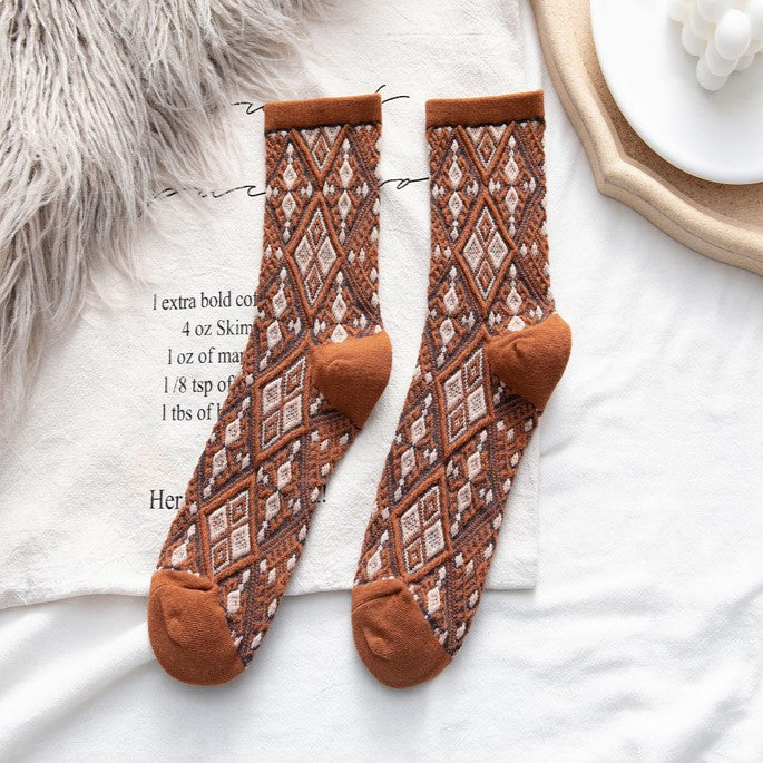 Diamond Argyle Jacquard Crew Socks - Orange